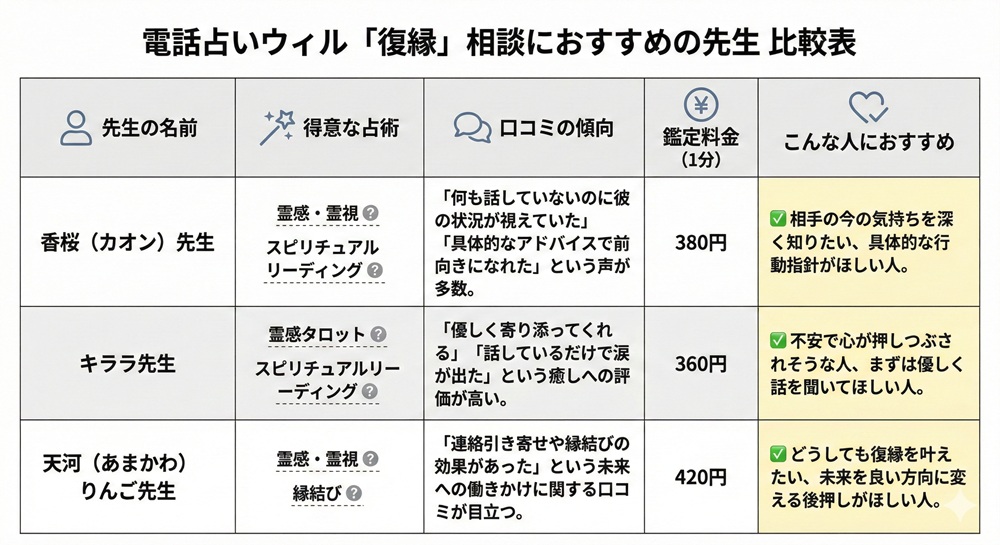 電話占いウィルで当たる先生は誰ですか？