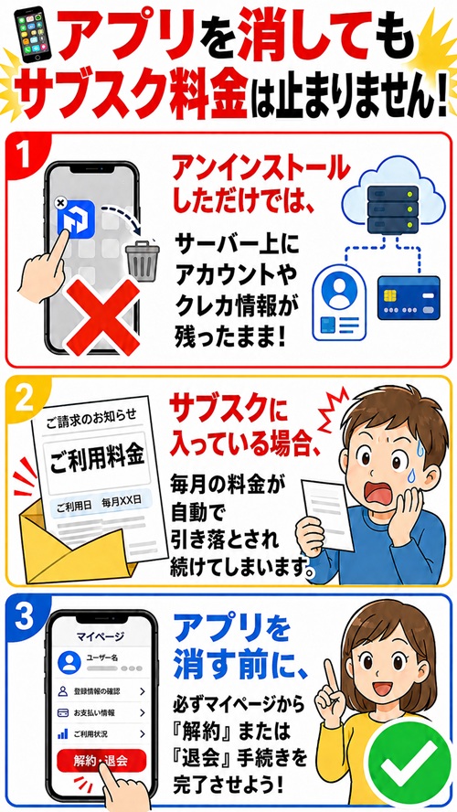 オリパワンはアプリを削除しても退会やサブスク解約にならない