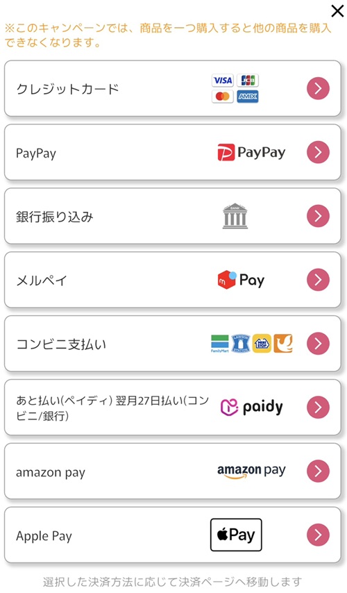 オリくじのコイン購入画面に表示された支払い方法一覧