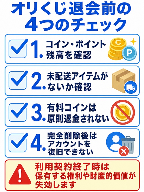 オリくじ退会前に確認するコイン・ポイント・未配送アイテムなど4つの注意点