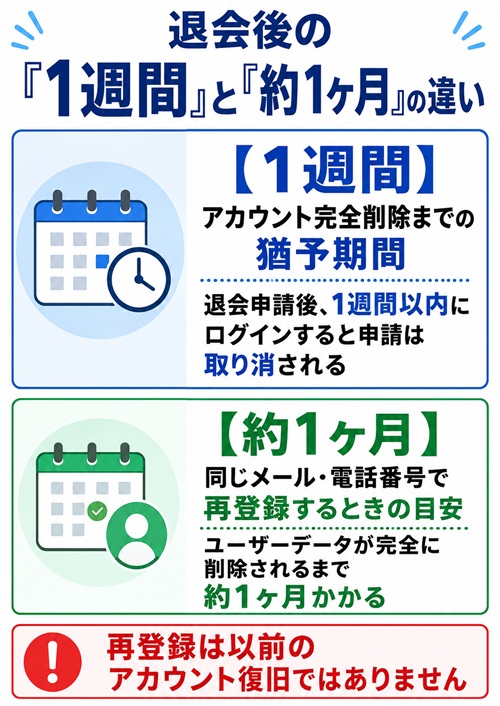 オリくじ退会後の1週間の猶予期間と同じメール・電話番号で再登録する約1ヶ月の違い