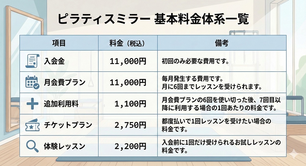 ピラティスミラーの入会費はいくらですか？